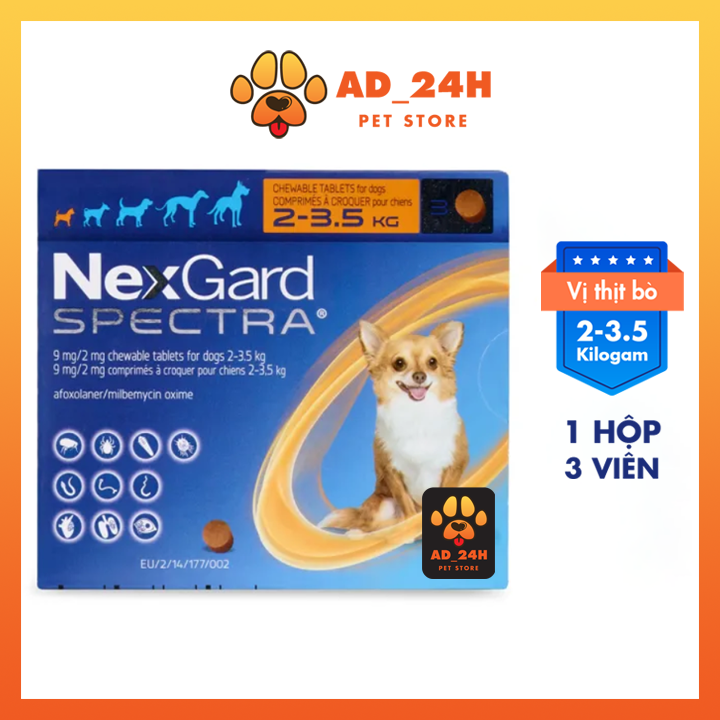 Hộp 3 viên NEXGARD SPECTRA - Viên nhai phòng &amp; trị nội, ngoại ký sinh (ve, rận, bọ chét, ghẻ Demodex, Sarcoptes, giun) dành cho Chó_Shop__24H