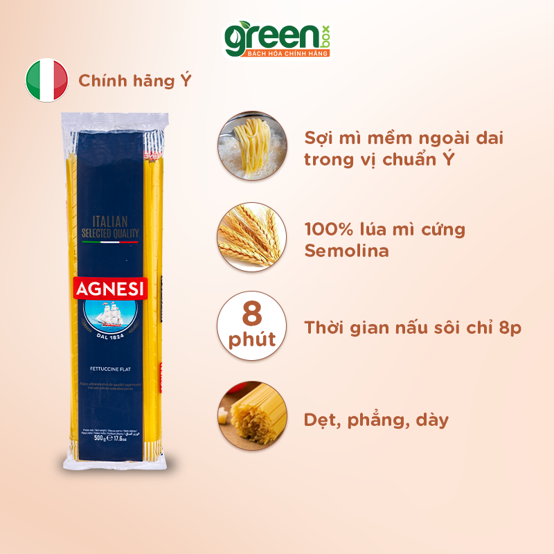 Mì ý sợi dẹt Fettucine làm từ lúa mì Semolina cao cấp Agnesi Ý 500g nấu ngon với sốt mì ý cà chua húng quế Basilico