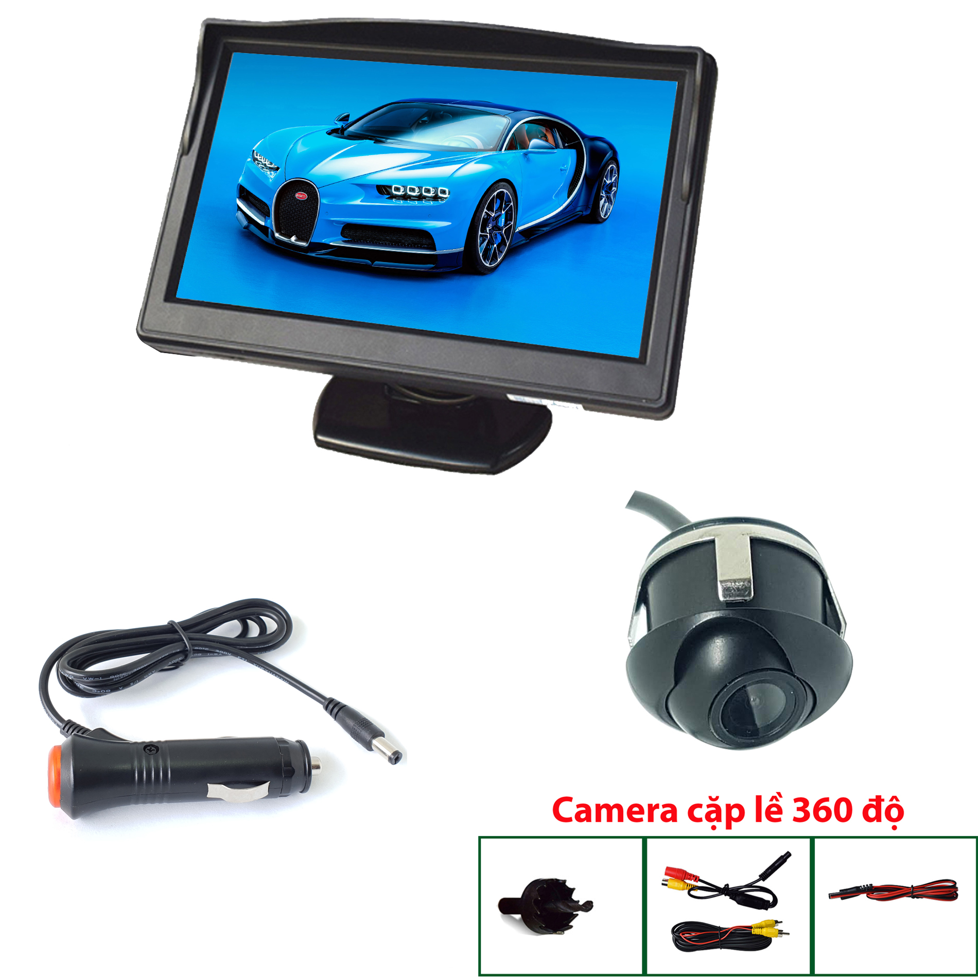 Camera căn lề và màn hình LCD đặt taplo, camera cặp lề 360 độ mắt lơn, màn hình TFT 5 inch