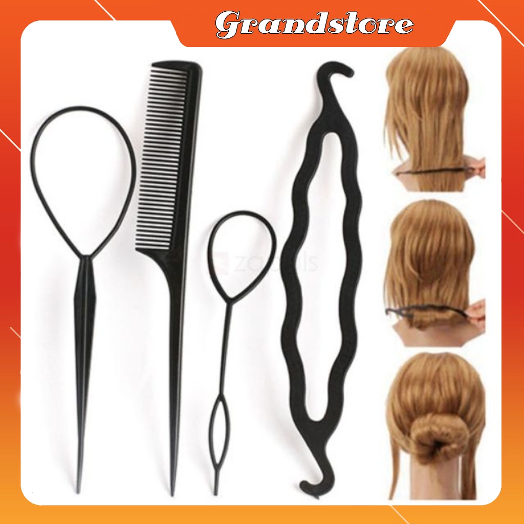 Bộ làm tóc tạo kiểu đa năng 4in1 vòng búi tóc cuộn củ tỏi lược chải chia ngôi tóc dụng cụ cuốn rút uốn bện buộc tết tóc