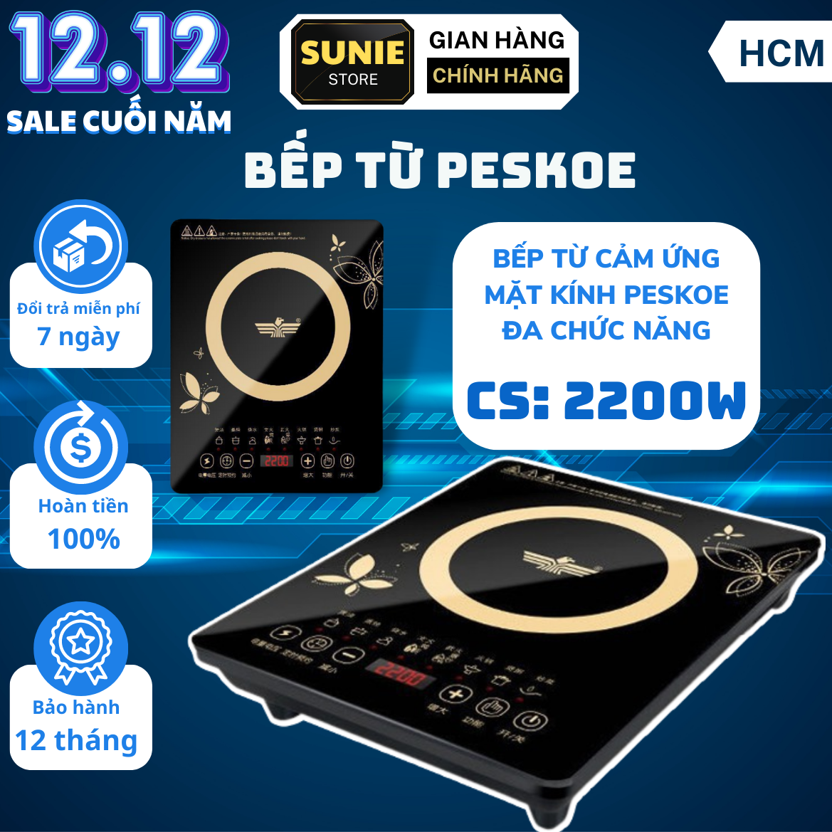 Bếp Điện Từ Cảm Ứng Mặt Kính PESKOE, Bếp Từ Đơn Đa Năng Mặt Kính Chịu Lực Công Suất 2200W Tiết Kiệm Điện Năng, An Toàn Khi Sử Dụng, Nấu Siêu Nhanh, 8 chế độ nấu,hẹn giờ ngắt tự động thông minh an toàn