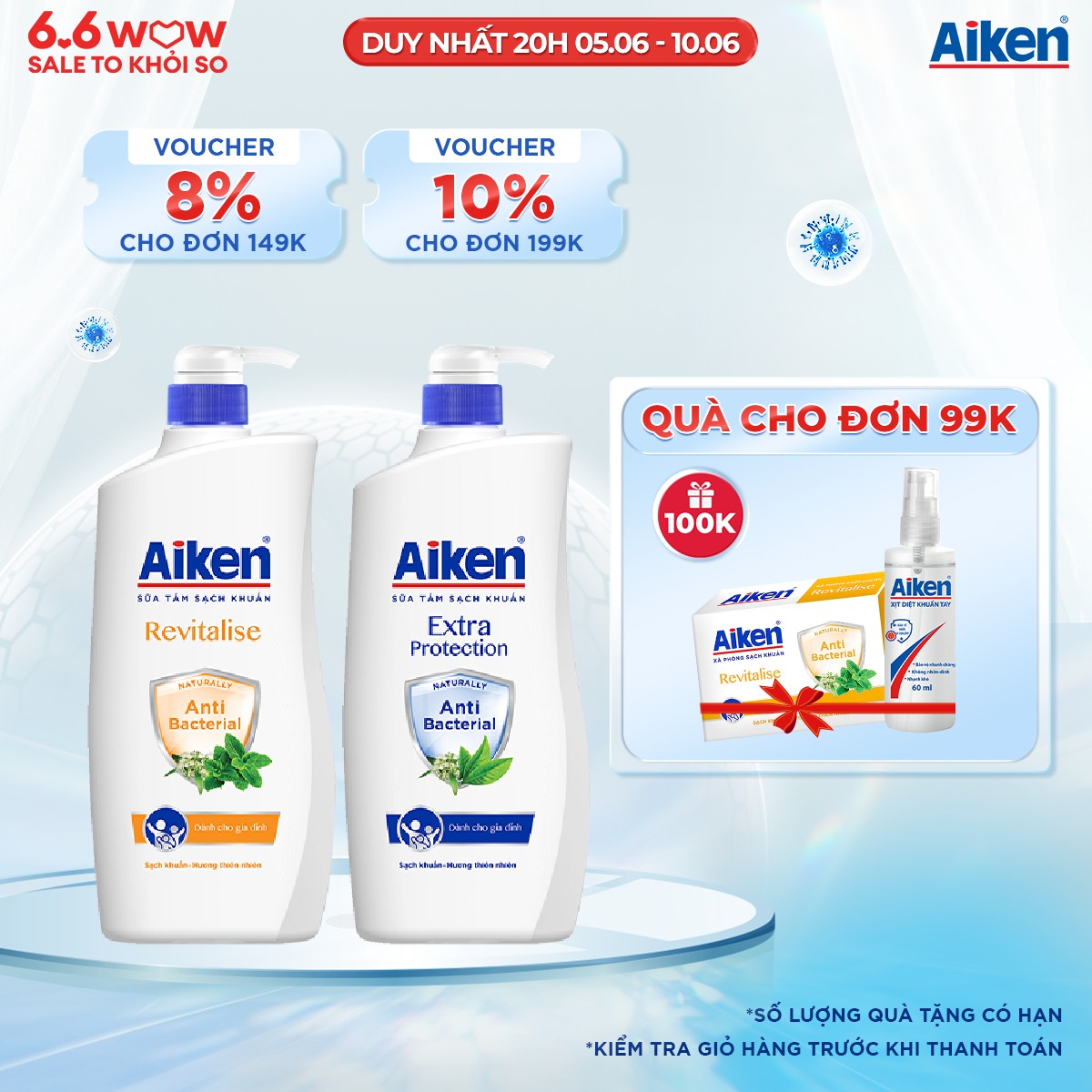 [VC 10%] Aiken Combo 2 Sữa Tắm Sạch Khuẩn Chiết Xuất Bạc Hà Và Trà Xanh Thiên Nhiên (850gx2)