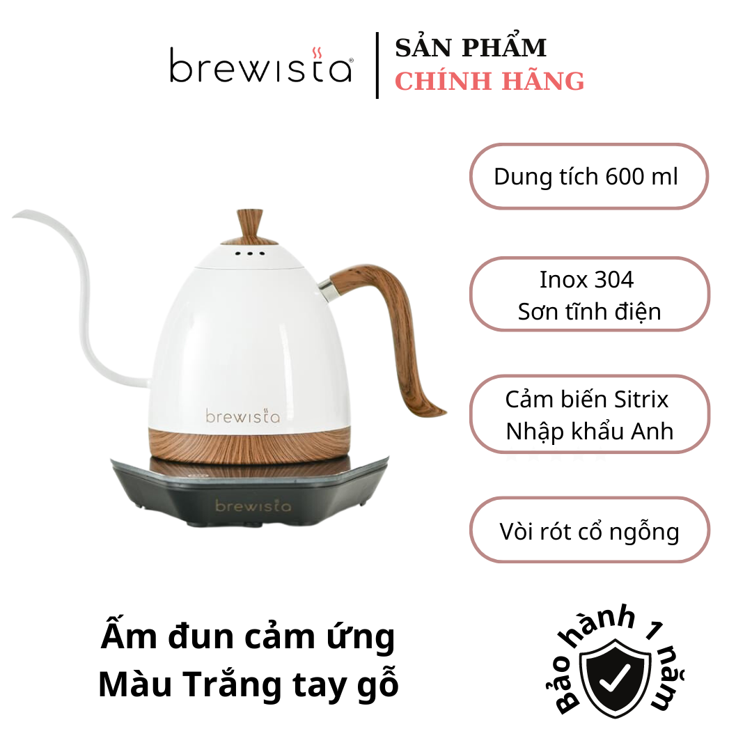 Ấm đun cảm ứng chuyên dụng rót cà phê Kettle 600ml - Trắng tay gỗ