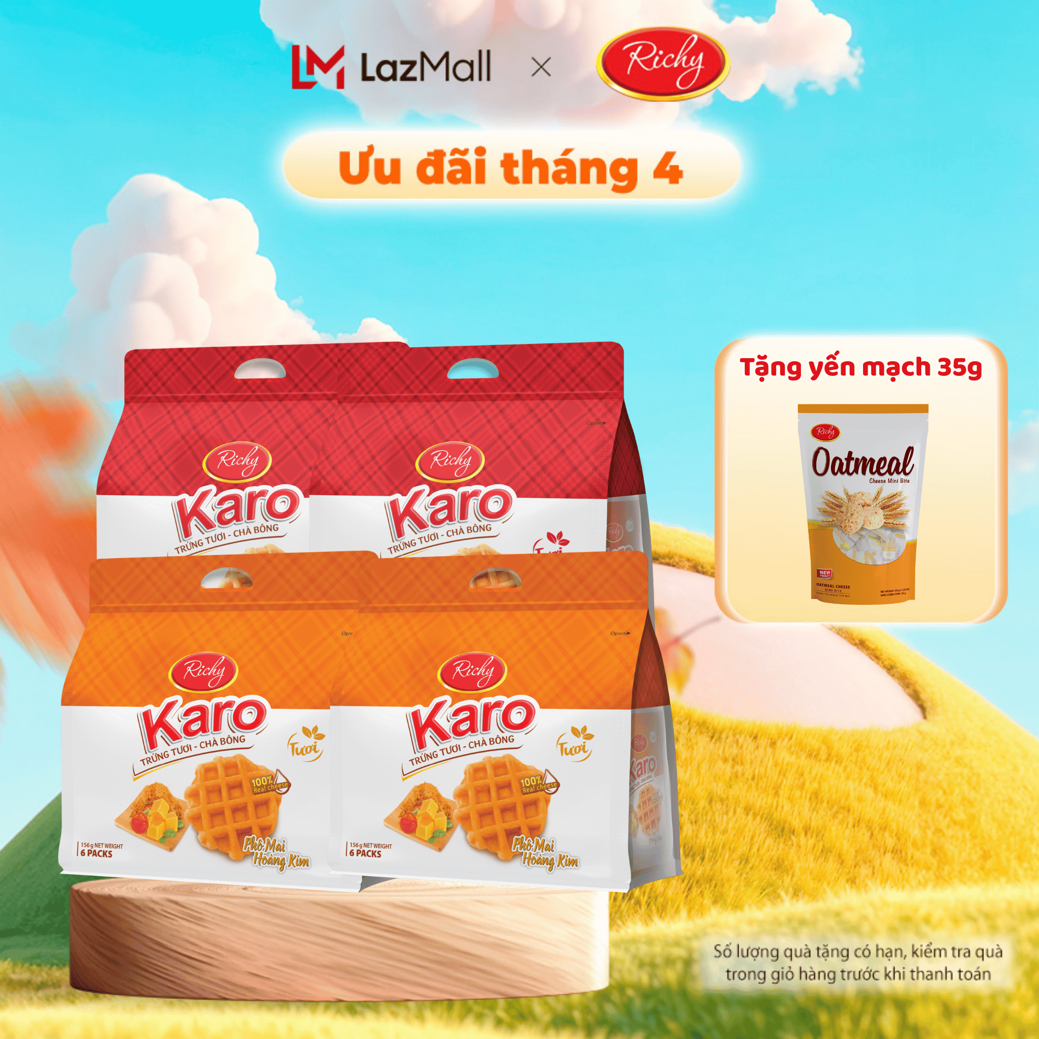 [TẶNG BÁNH YẾN MẠCH] Combo 4 bịch Bánh tươi Richy KARO trứng tươi - chà bông - date 45 ngày từ NSX, KH cân nhắc khi mua SL lớn