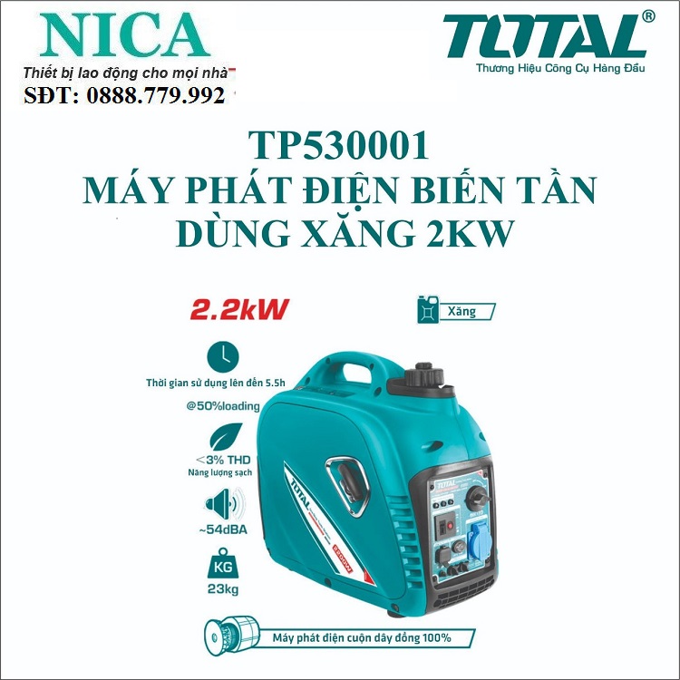 Máy phát điện biến tần dùng xăng total tp530001 2200w dây đồng, động cơ xi lanh 4 thì, khởi động giật nổ - chính hãng