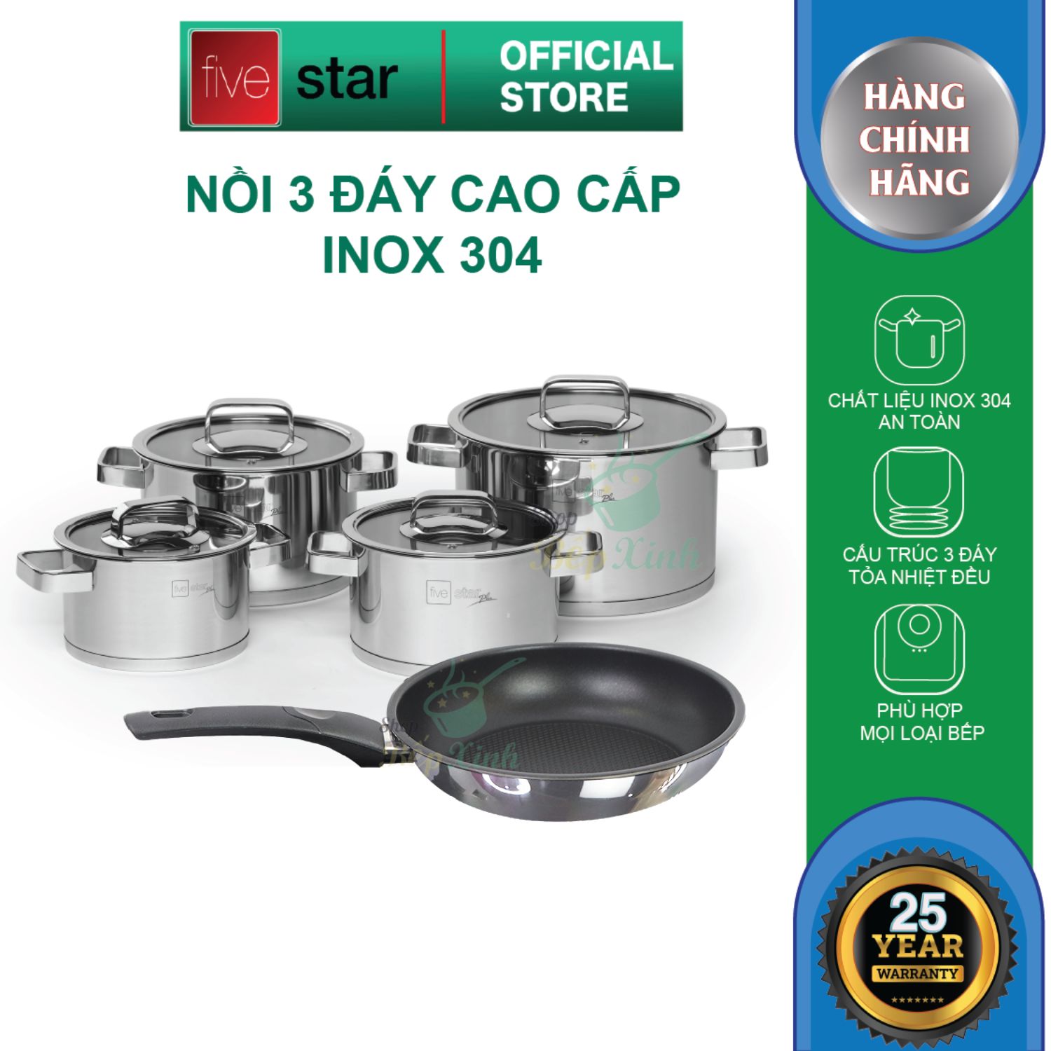 Bộ nồi đáy từ inox 304 và chảo chống dính cao cấp FiveStar Plus 5 món nắp kính  , tặng 1 vá canh inox
