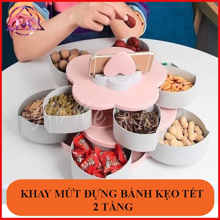 Khay Đựng Mứt Kẹo tết Tự Xoay Hình Cánh Hoa Kiểu 2 tầng Thế Hệ Mới  (có giá đỡ điện thoại), hộp đựng bánh kẹo tết 2021 , Nơi Bán Khay Đựng Mứt tết Giá Rẻ, Uy Tín, Chất Lượng Nhất