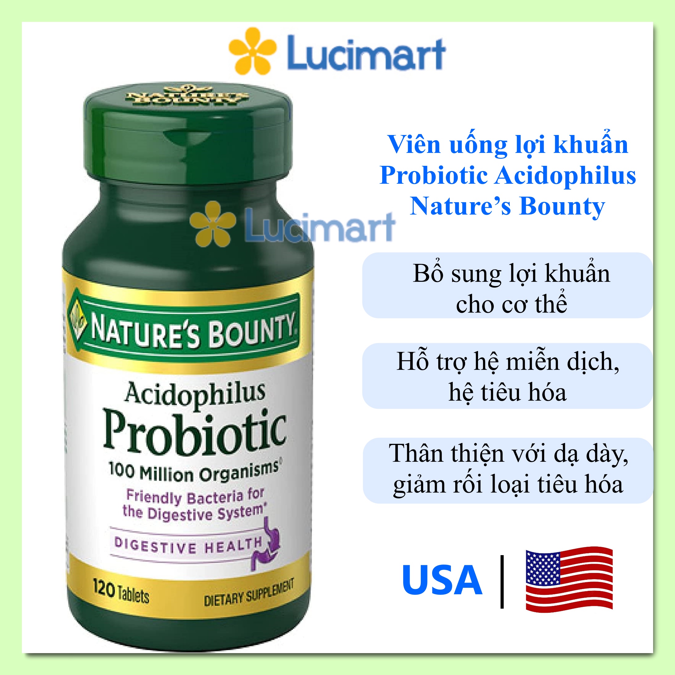 Viên uống bổ sung lợi khuẩn Probiotic Nature’s Bounty Acidophilus Probiotic [Hàng Mỹ]