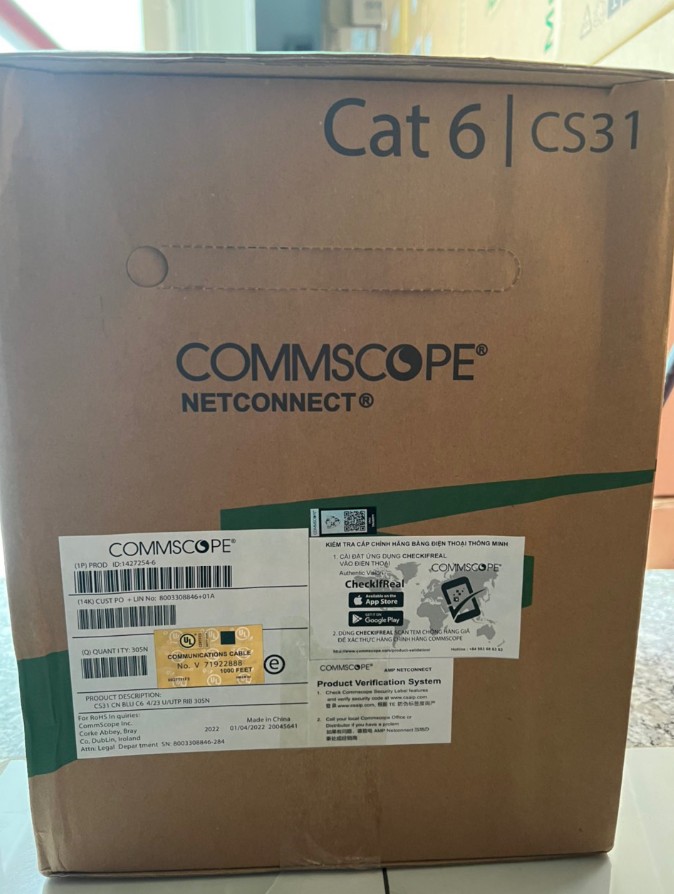 Cáp mạng LAN COMMSCOPE CS31 UTP CAT6 305m Xanh dương (Lõi chữ thập, CS31 CN BLU C6 4/23 U/UTP RIB 305N, Hàng nhập khẩu - Ko phải hàng Chính hãng, Nhôm mạ đồng)