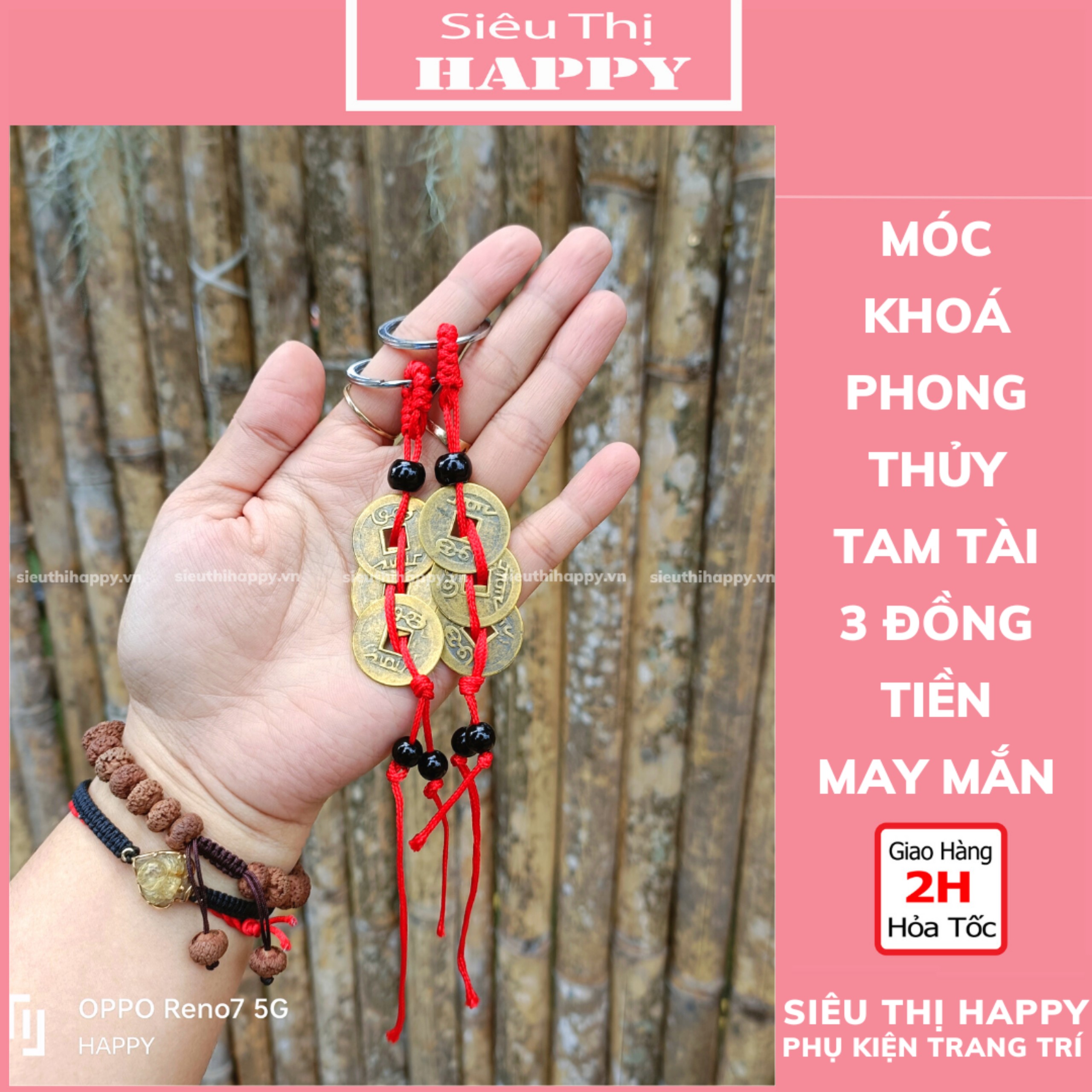 Móc khóa phong thủy 3 đồng xu tam tài may mắn.
