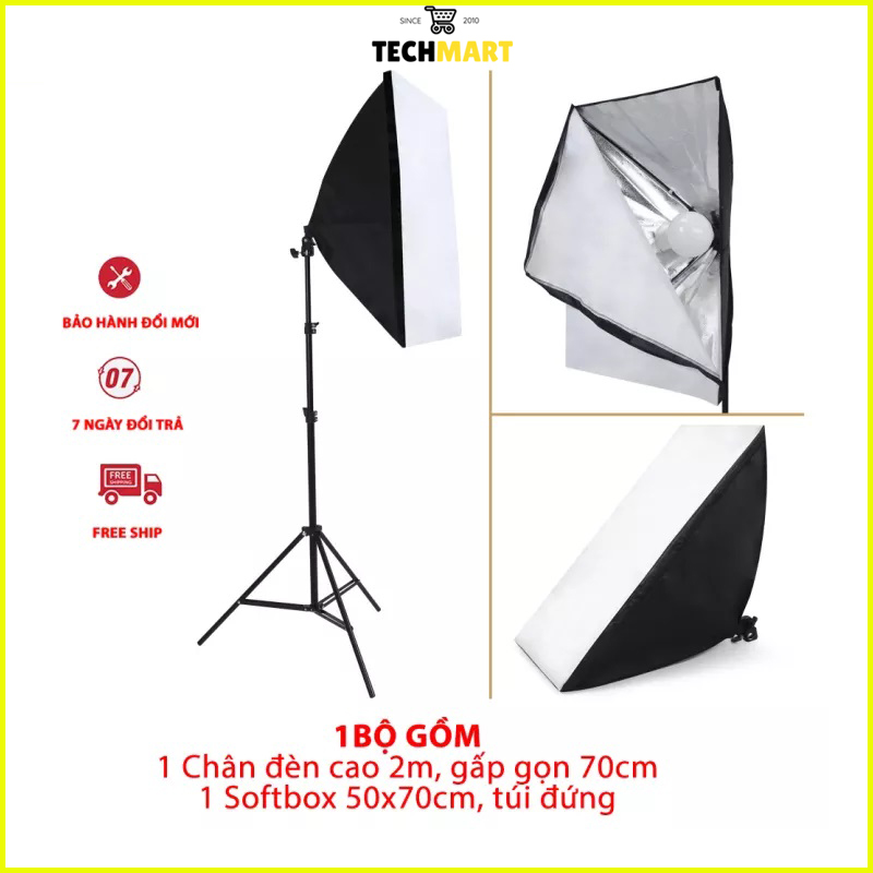 Bộ Đèn Chụp Ảnh Sản Phẩm, Đèn Studio, Đèn Livestream chuyên nghiệp Chân Đèn 2m Kèm Softbox 50x70 Hỗ Trợ Sáng