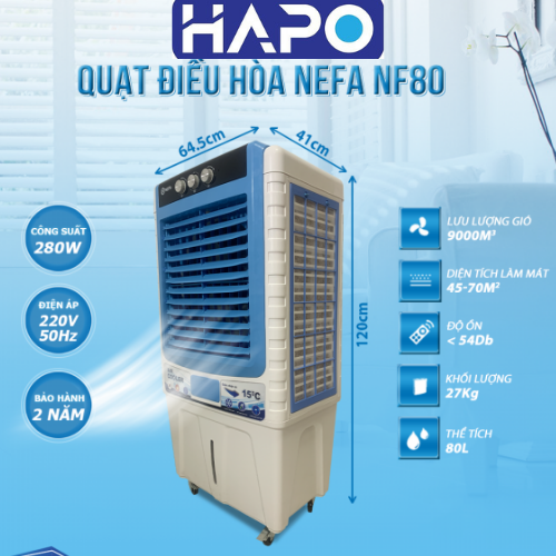 Quạt điều hòa nefa nf80 cơ dung tích lớn 80l quạt hơi nước làm mát không gian mở lên đến 70m2 quạt nước đá khô an toàn hapo