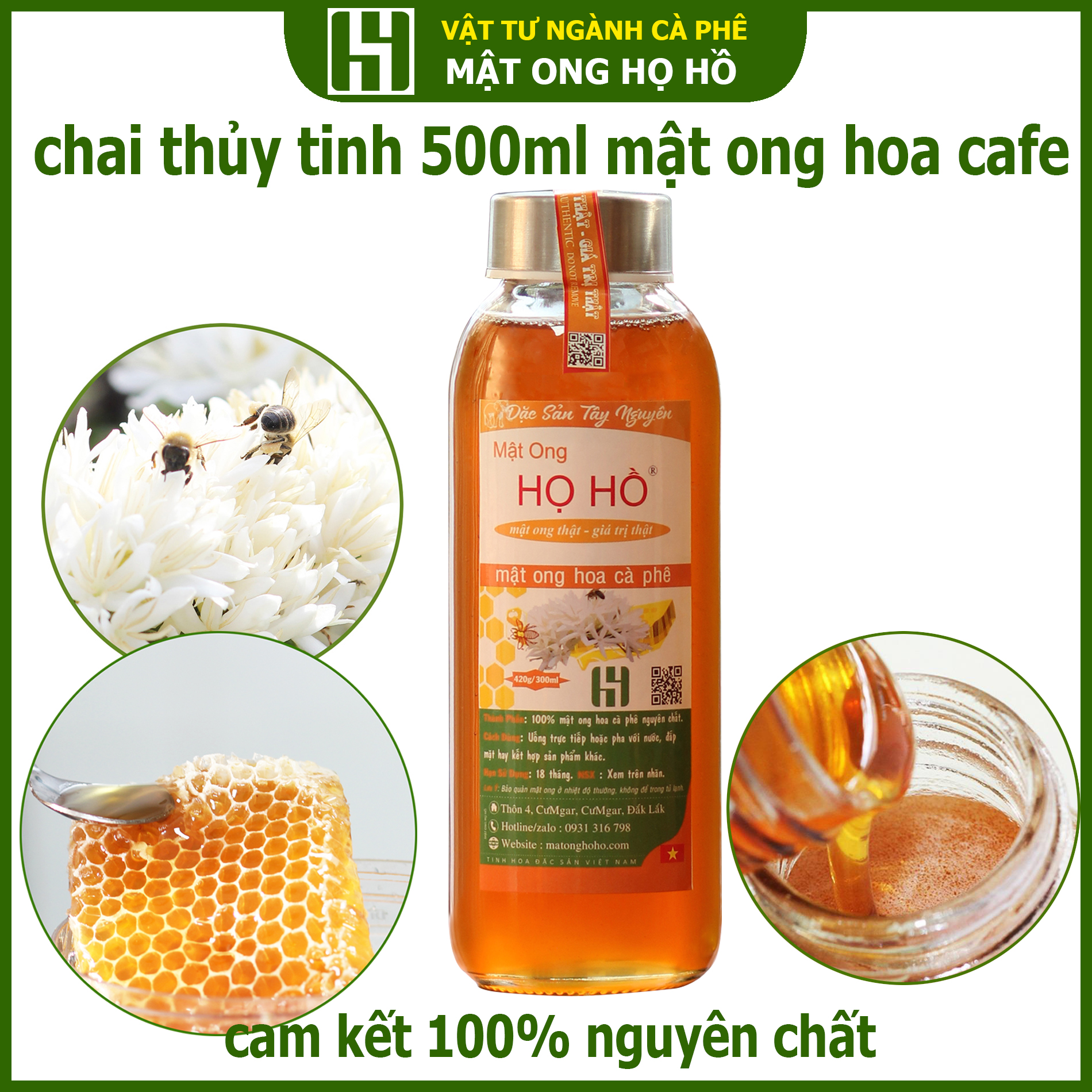 Chai thủy tinh 500ml mật ong nguyên chất hút phấn hoa cà phê tự nhiên - tương đương 700G - Mật ong HỌ HỒ thuộc công ty TNHH cà phê ĐỨC ANH - Chai thủy tinh