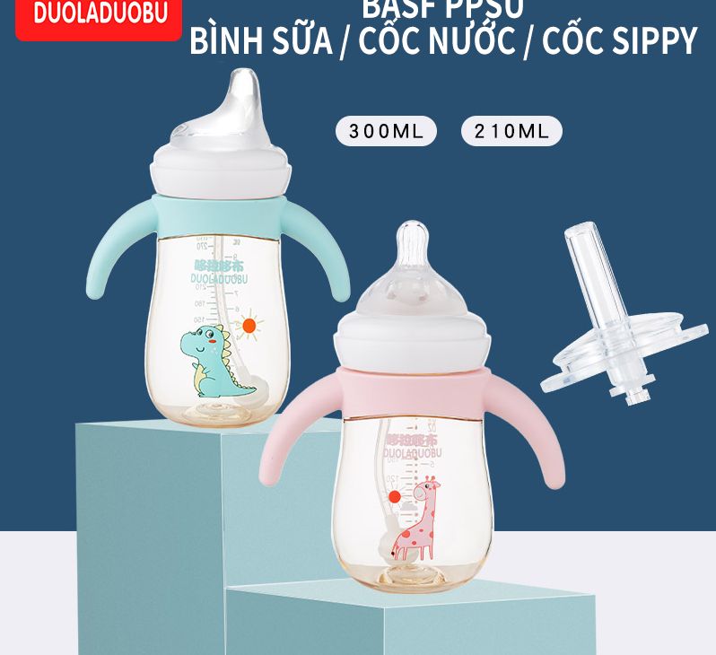 Bình sữa hoạt hình Bình sữa miệng rộng có thể thay đổi cho trẻ em Cốc có ống hút [Một cốc ba lần sử dụng] 210ml