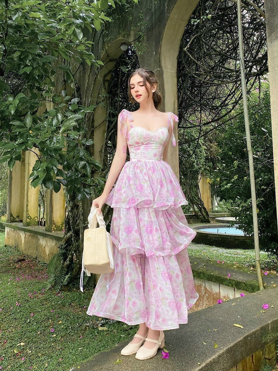 Đầm maxi 2 dây đi biển voan hoa có lót xếp tầng siêu xinh - Free size - MS45HD