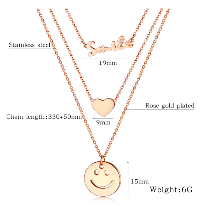 [HCM]Dây Chuyền Titan Nữ Cao Cấp 3 Tầng Mặt Cười Trái Tim Và Chữ Smile Có 2 Màu Lựa Chọn - Vàng / Vàng Hồng - Đảm Bảo Không Đen Không Rỉ Sét Vĩnh Viễn