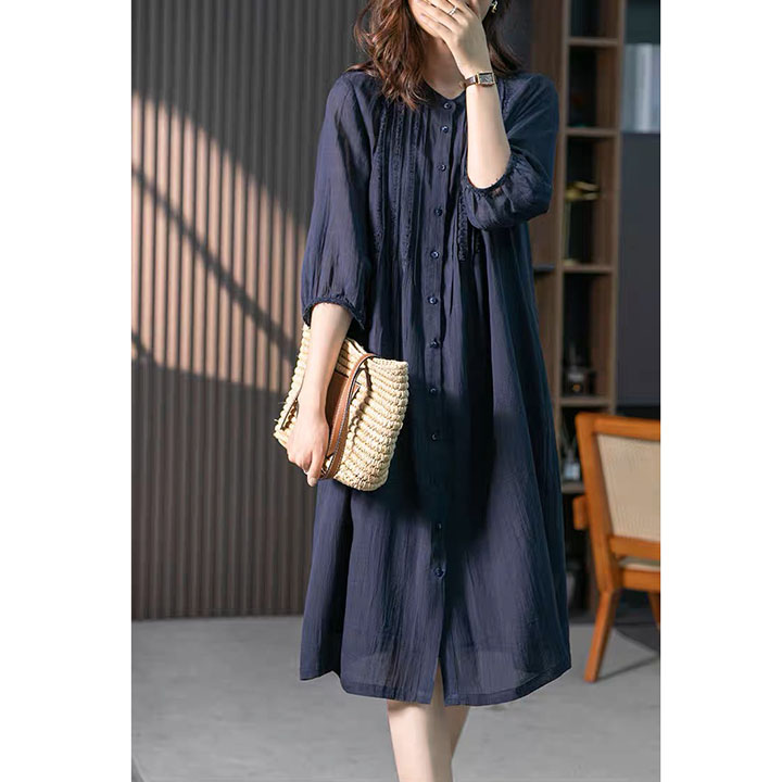 Đầm suông Linen Lụa Hàn tay lỡ sơ mi cổ tầu phối ren, vải Linen lụa nhập Hàn sang trọng mềm mát