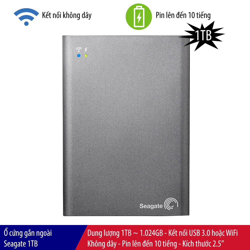 Ổ cứng gắn ngoài Seagate Wireless Plus 1TB, kết nối USB 3.0, kết nối WiFi, pin 10 giờ, kích thước 2.5"