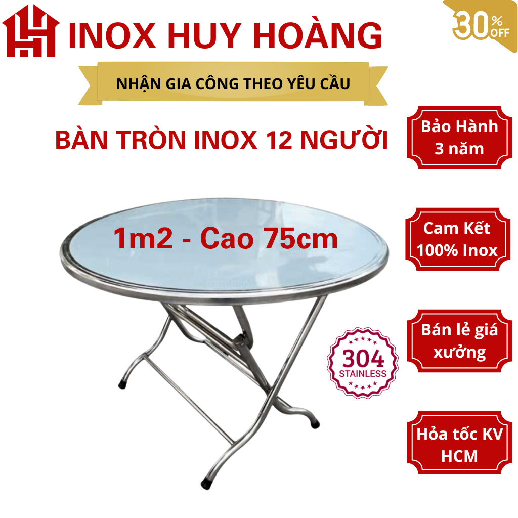 [INOX 304] Bàn tròn inox 1m2 cao 75, bàn học, bàn inox 1m2, bàn ăn tiệc, bàn tròn xếp gọn, bàn tròn 