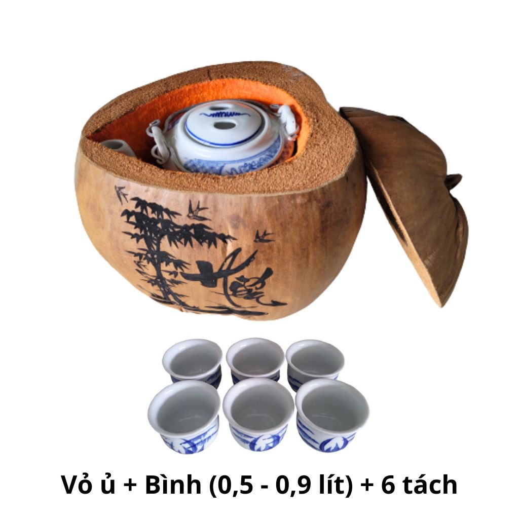 Bình ủ trà trái dừa khắc chữ Hiếu / Bình trà 0,4 - 0,9 lít / Giữ ấm từ 3 - 6 giờ / Sản phẩm sản xuất thủ công / Xưởng sản xuất tại Bến Tre