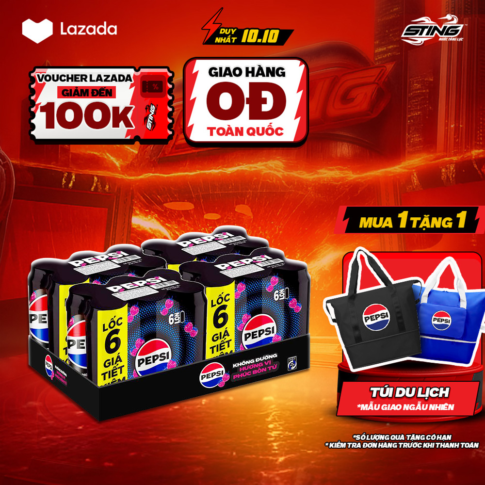 [SALE 10.10-VC ĐẾN 12%] Thùng 24 Lon Nước Ngọt Giải Khát Có Gaz Pepsi Phúc Bồn Tử Không Calo, Không Đường (320ml/lon)