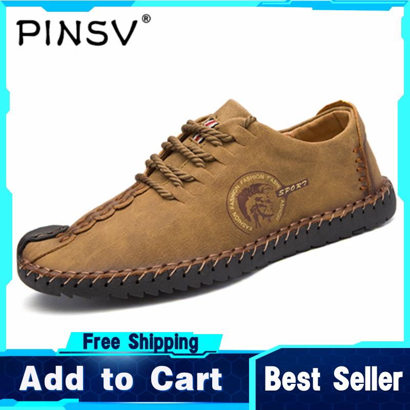 PINSV Leather Shoes for Men Formal Shoes Low Cut Fashion Round Lace Shoes