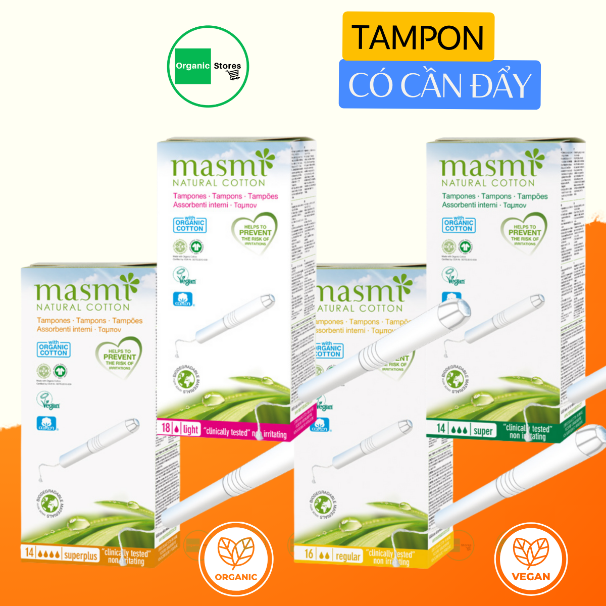 Tampon có cần đẩy 1 - 2 - 3 - 4 giọt hữu cơ Masmi Bio