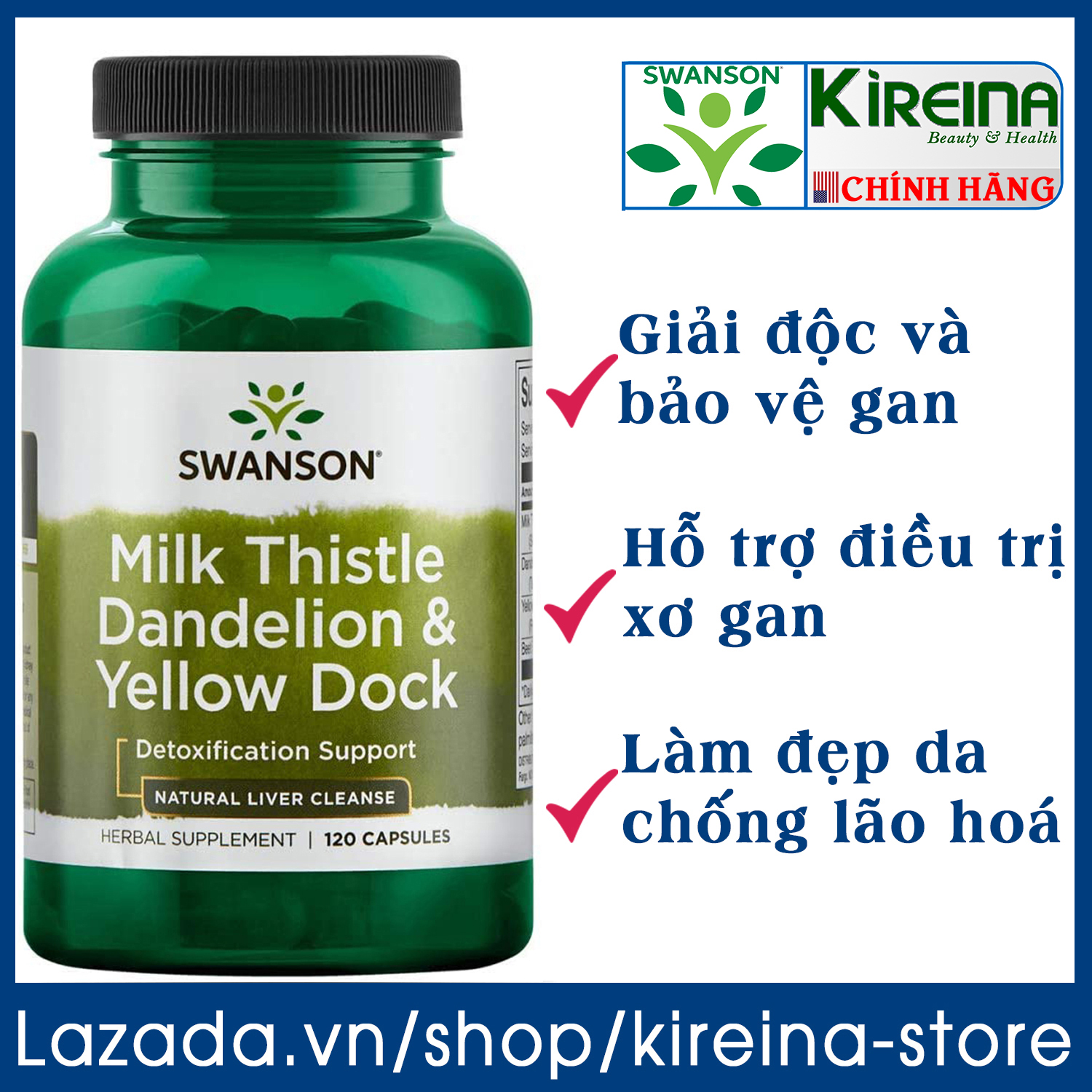 Viên uống thanh lọc tái tạo gan Swanson Milk Thistle Dandelion Yellow Dock 120 viên