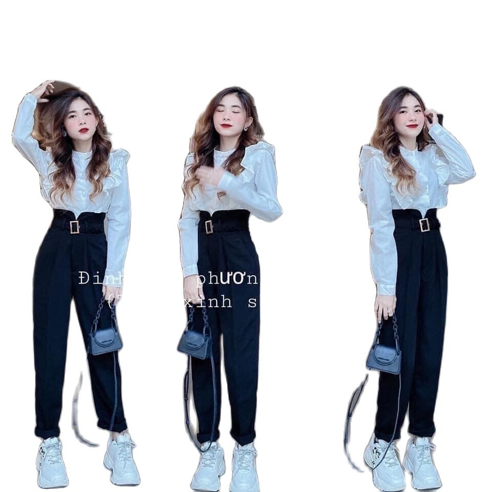 Quần baggy cạp v to kèm đai vải -quần baggy cạp cao -quần baggy sag chảnh -thời trang nữ