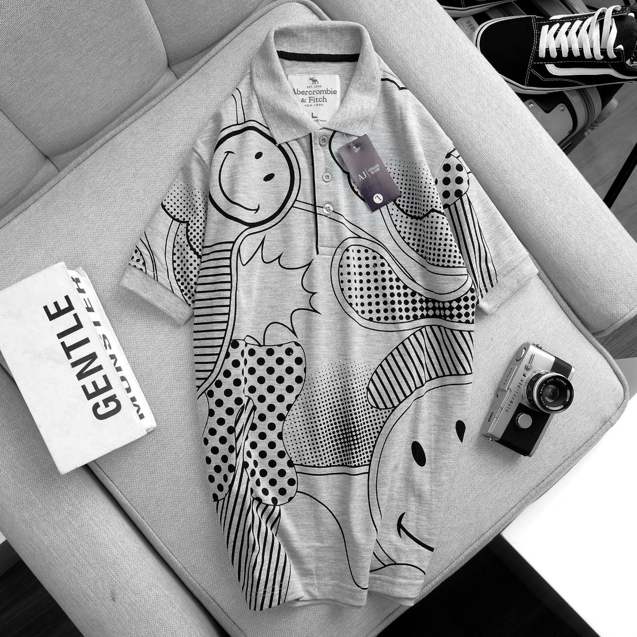 Áo thun man polo có cổ cá sấu cotton mặt cười