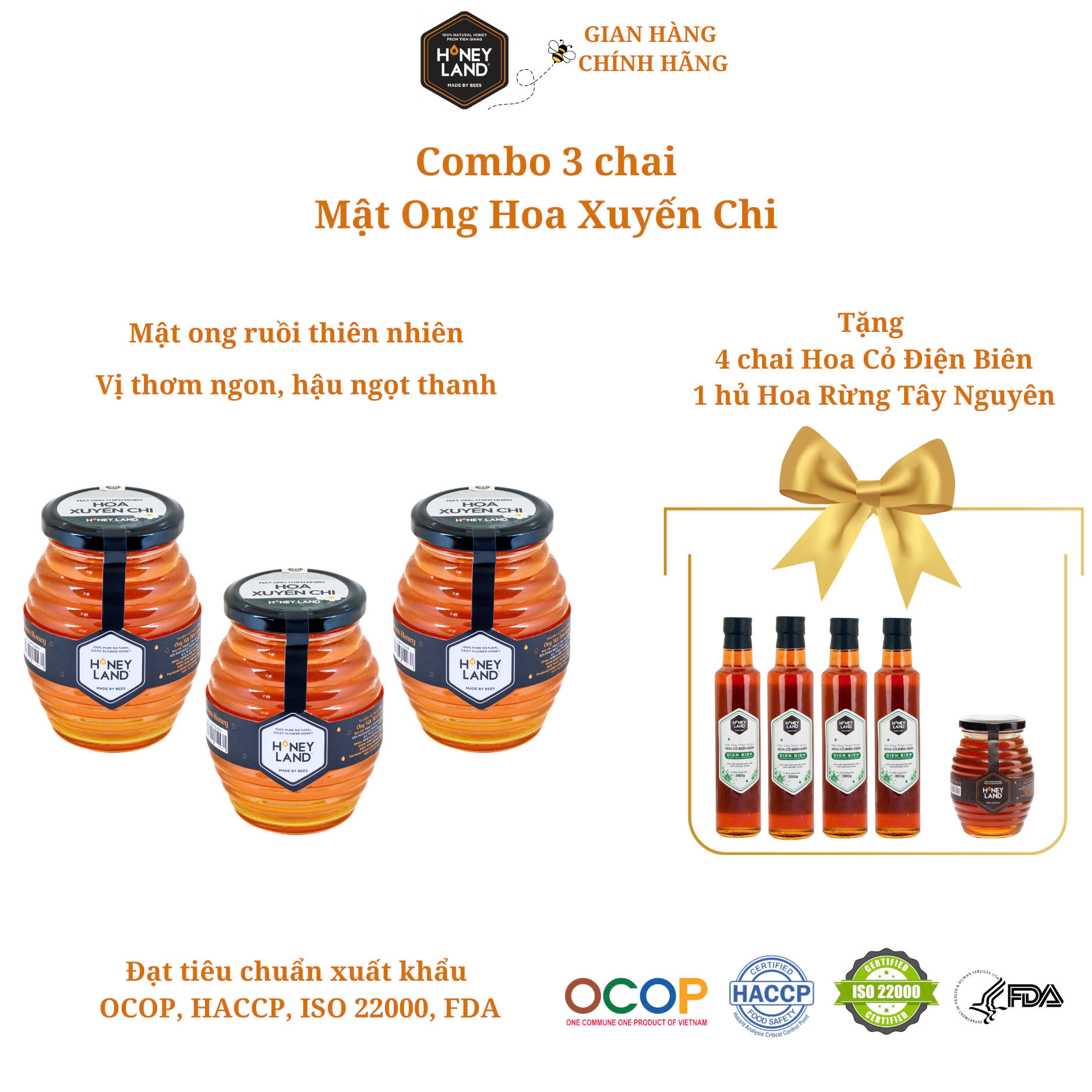 [HCM]HONEYLAND - Combo 3 lọ Mật Ong Hoa Xuyến Chi 500 g/chai | TẶNG: 4 Chai Mật Ong Hoa Điện Biên 380 g/chai & 1 Mật Ong Rừng 110g