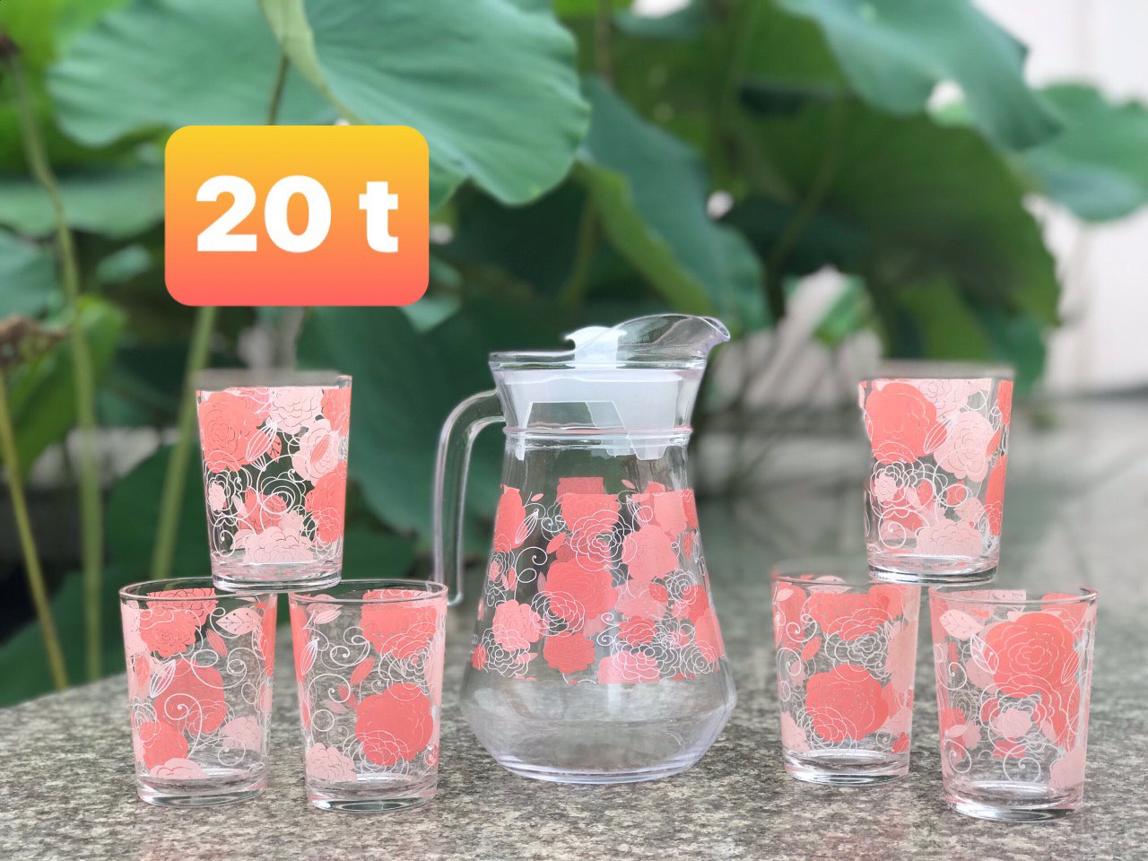 Bộ bình 6 cốc thủy tinh in hoa văn đẹp trang nhã