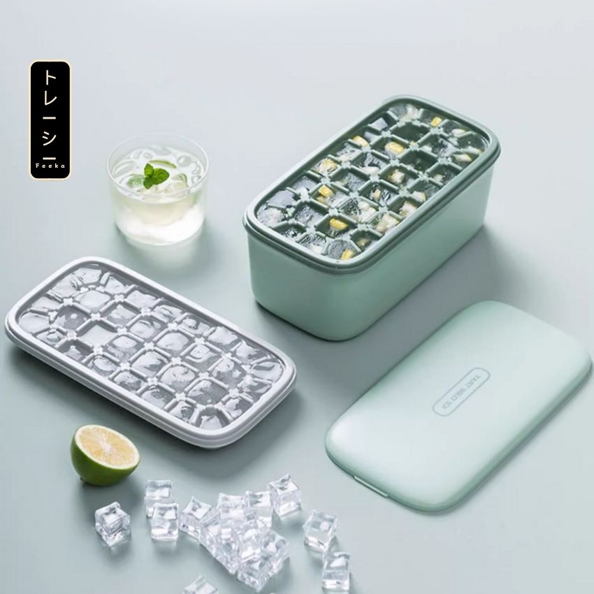 Combo khay đá có nắp 4 trong 1 nhựa cao cấp FEEKA, Khay làm đá viên kèm thìa xúc 4 trong 1 + hộp tiện lợi