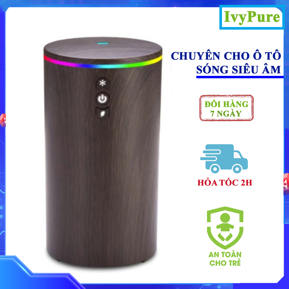 MÁY KHUẾCH TÁN TINH DẦU cho xe ô tô và Gia đình Dòng Máy chuyên dụng cho xe hơi, phun sương công nghệ siêu âm Đèn LED 7 màu Biến đổi