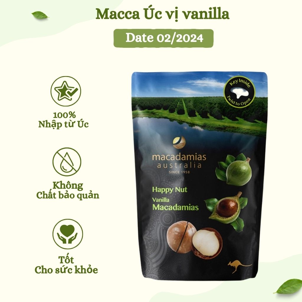 Hạt macca úc vị vanilla Happy Nuts 225g nhập khẩu chính hãng
