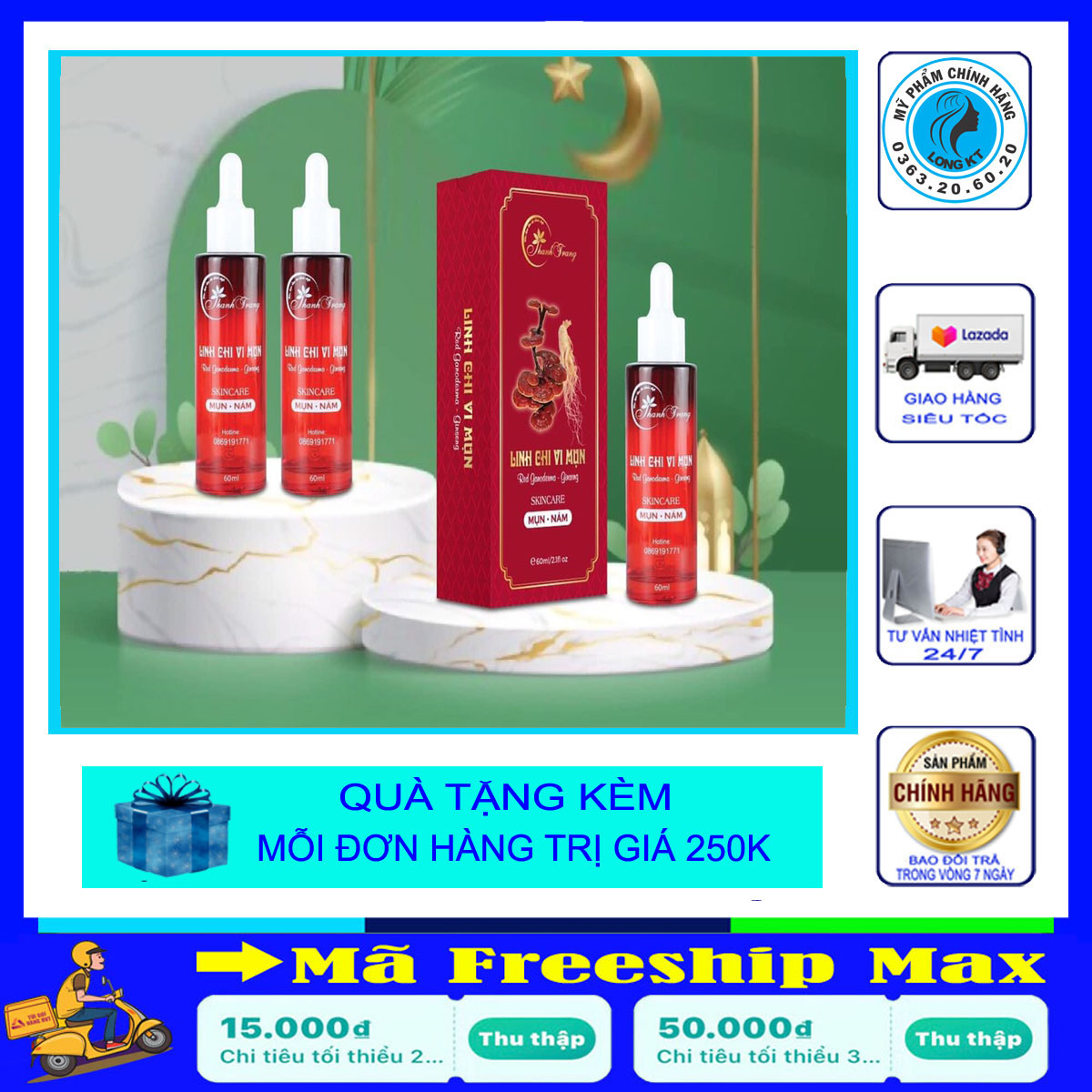 [Mỹ Phẩm Thanh Trang] Bán chạy -Thảo dược thiên nhiên Tái tạo da Linh chi vi mụn 60ml