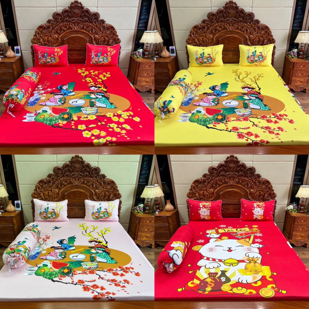 Bộ ga gối đón xuân, hoa mai thun siêu mát lạnh 5D cao cấp