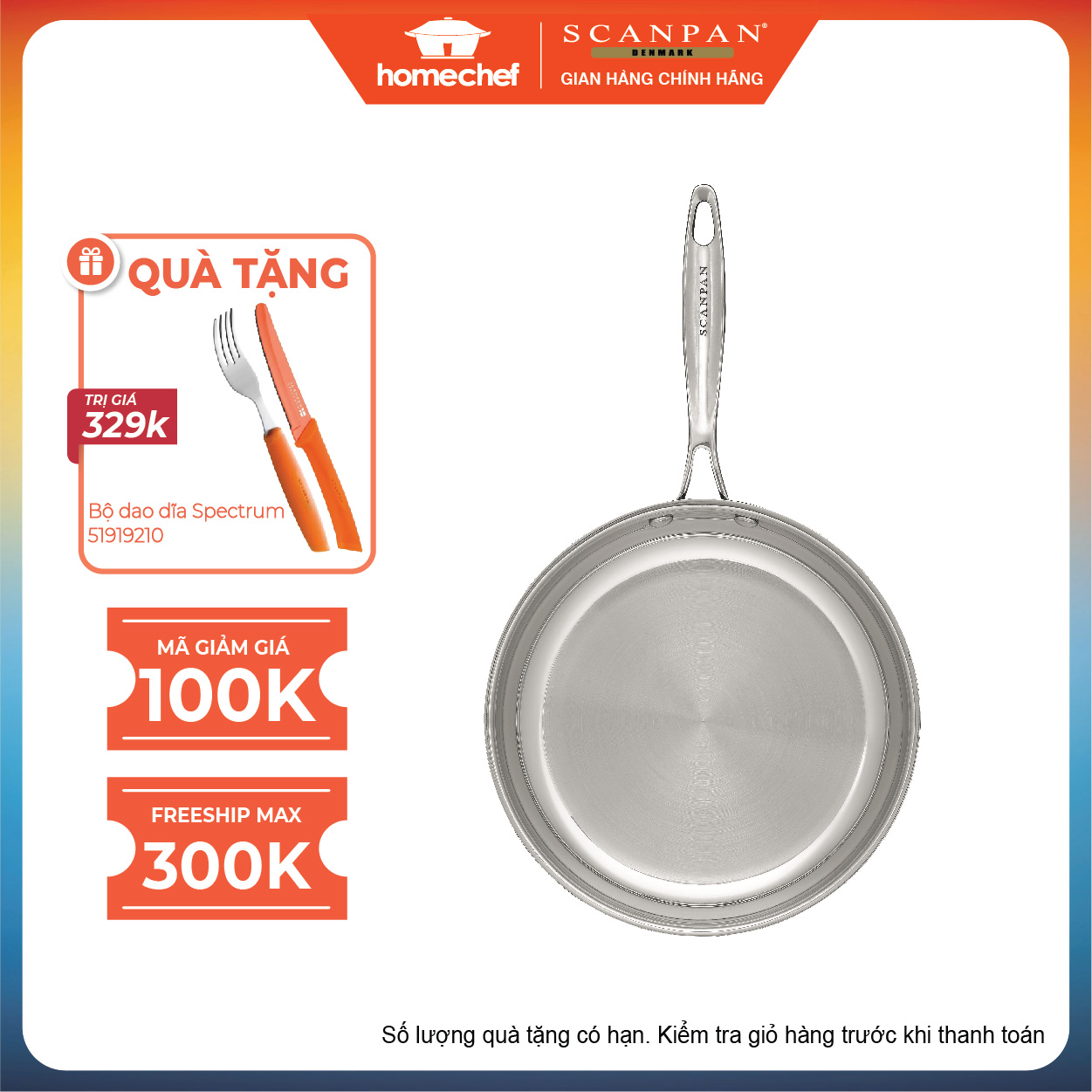 Chảo inox scanpan impact dùng bếp từ 20/24/26/28cm, thiết kế đáy 3 lớp, inox 18/10 an toàn cho sức khỏe - 71002000/71002400/71002600/71002800