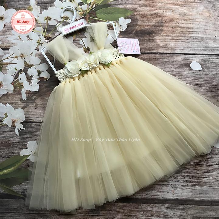 Đầm công chúa kem hoa chiffon cho bé yêu size 4-26kg