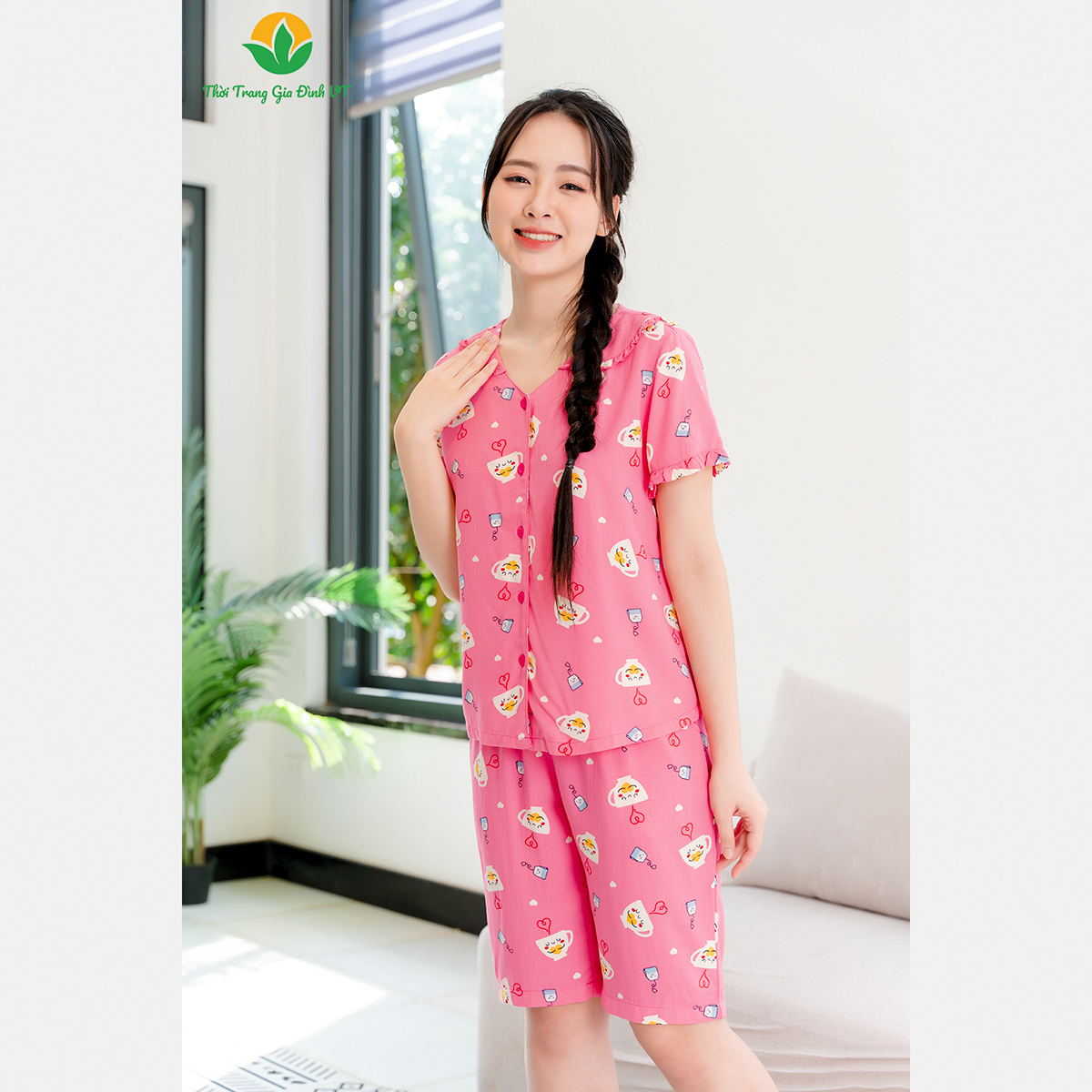 Đồ bộ mặc nhà lanh nữ mùa hè áo cộc, quần lửng thời trang Việt Thắng - B06.2403