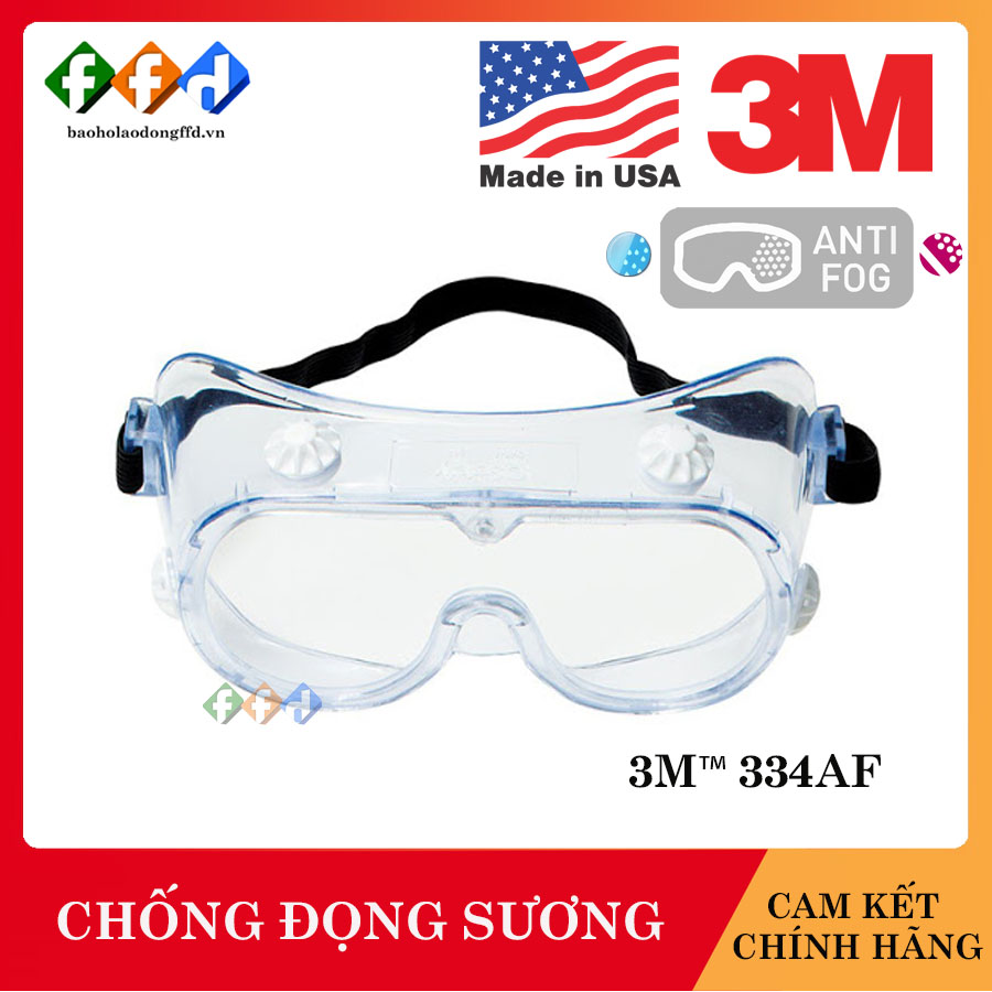 Kính bảo hộ chống hóa chất 3M 334AF Mắt kính chống đọng sương, chống tia UV, bảo vệ mắt, đeo được kính cận viễn