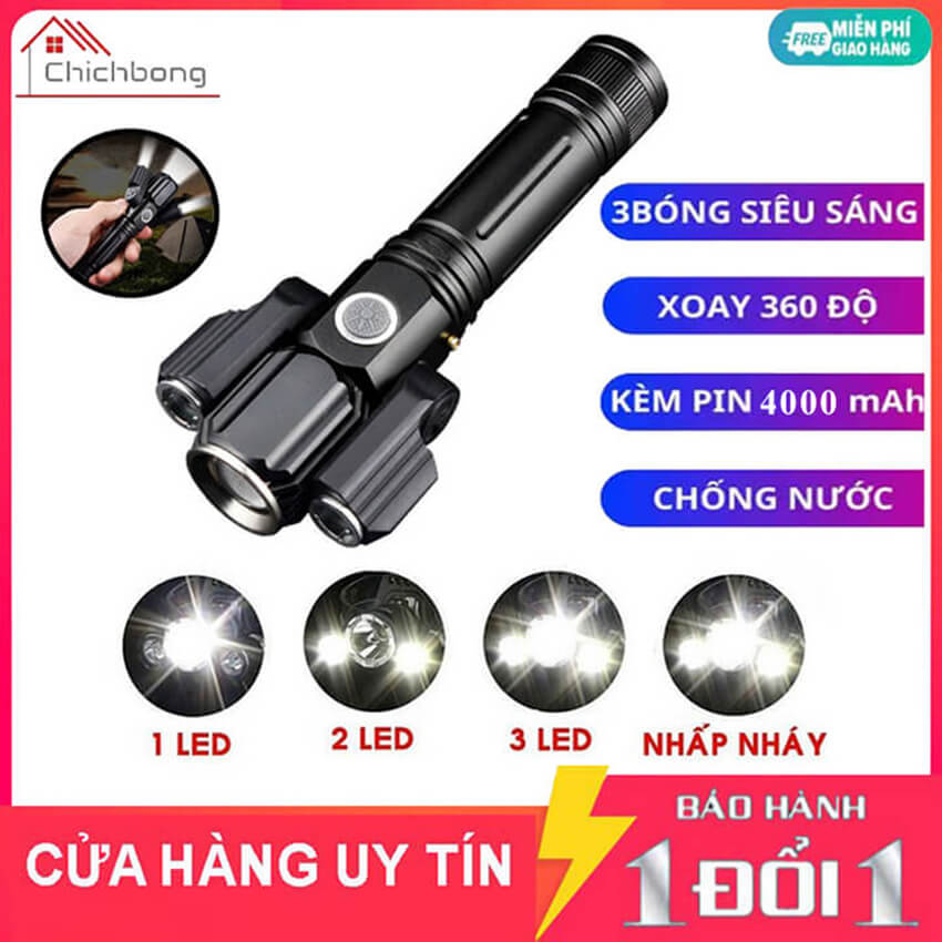 Đèn pin cầm tay 3 bóng siêu sáng xoay 360 độ pin sạc 18650 dung lượng 4000mAh, đèn pin siêu sáng cầm tay pin trâu 4000mAh, đèn pin cầm tay siêu sáng 4 chế độ