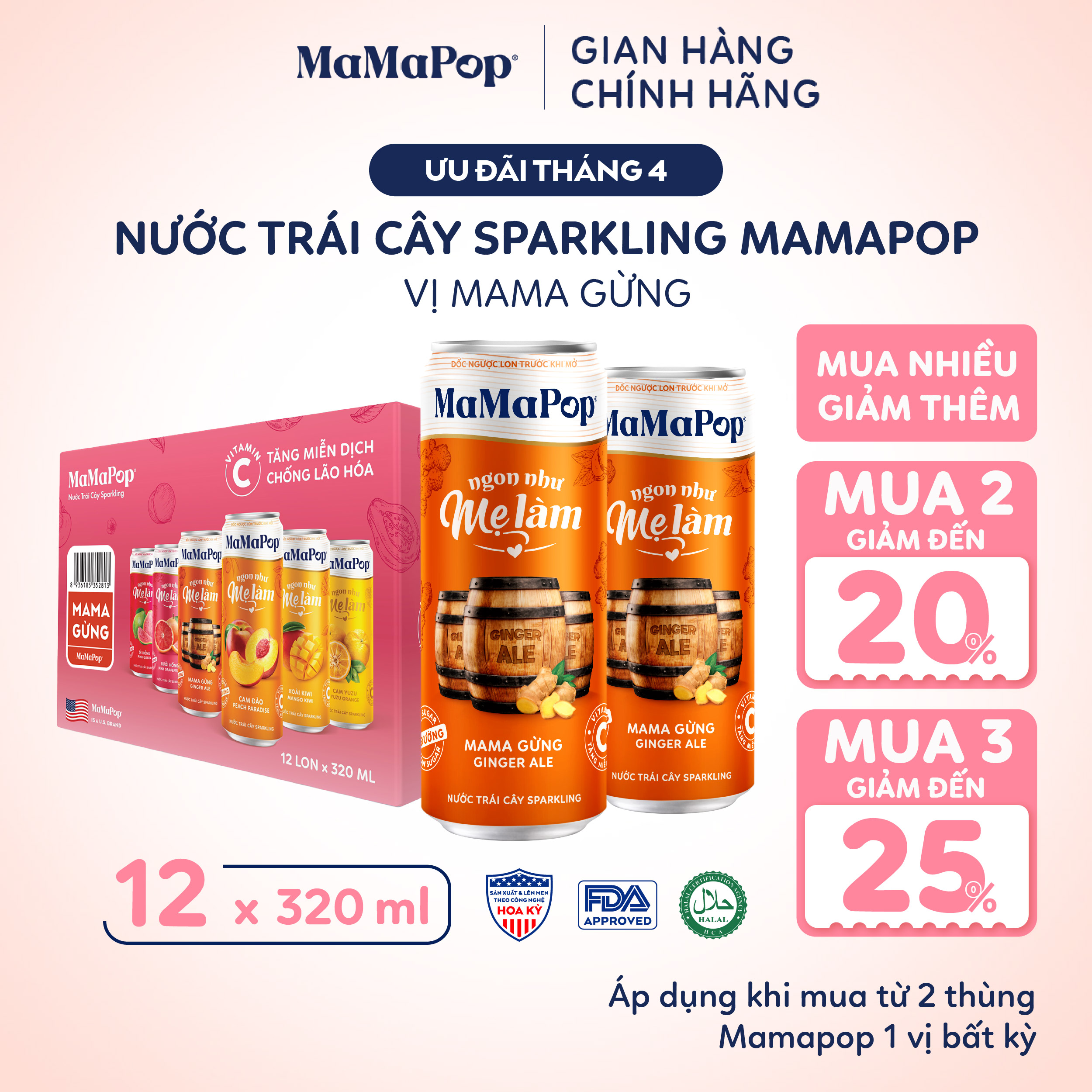 Thùng 12 lon nước trái cây sparkling Mamapop vị Gừng 320ml