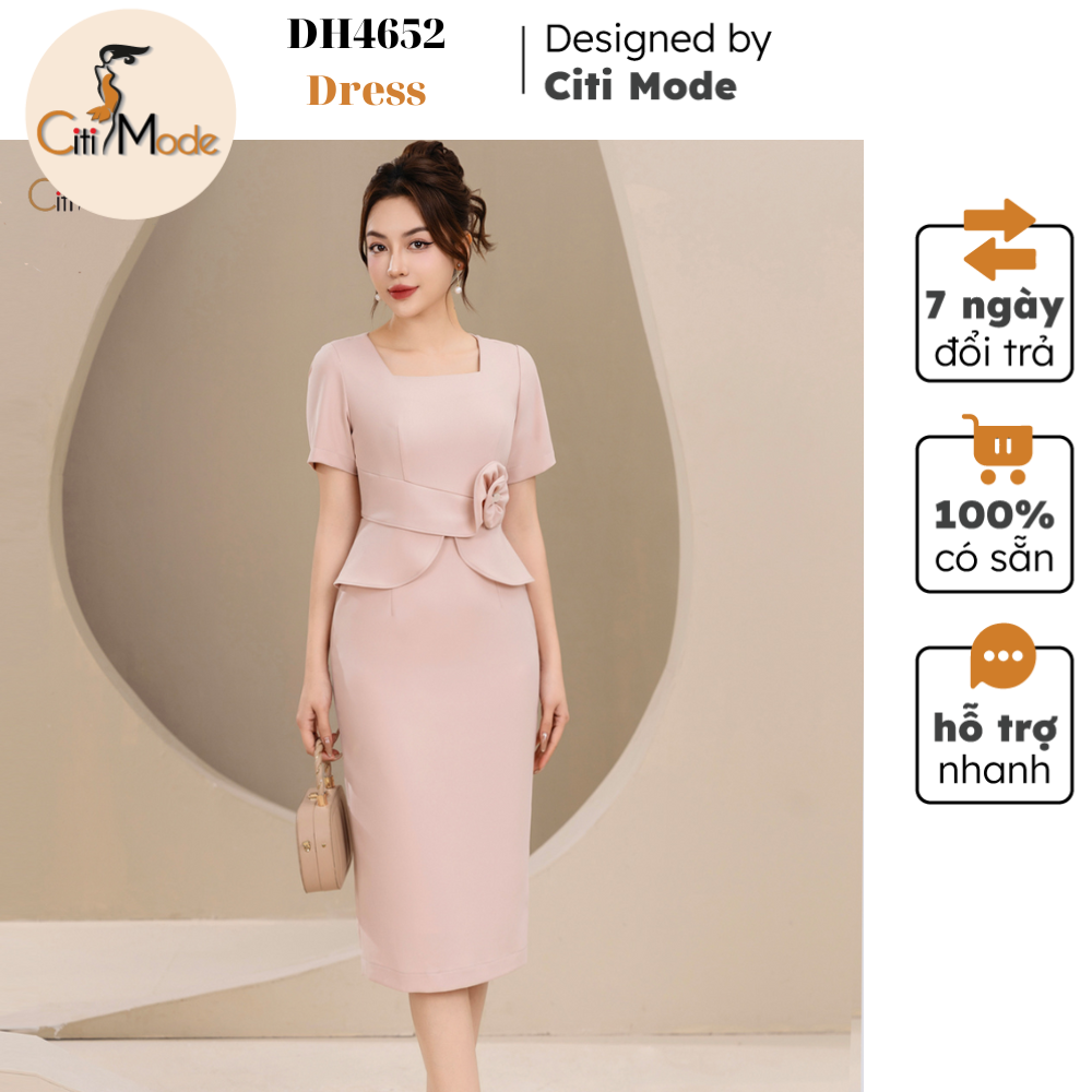 Đầm công sở citi mode fashion thiết kế dáng ôm be peplum cổ vuông đính hoa eo dh4652