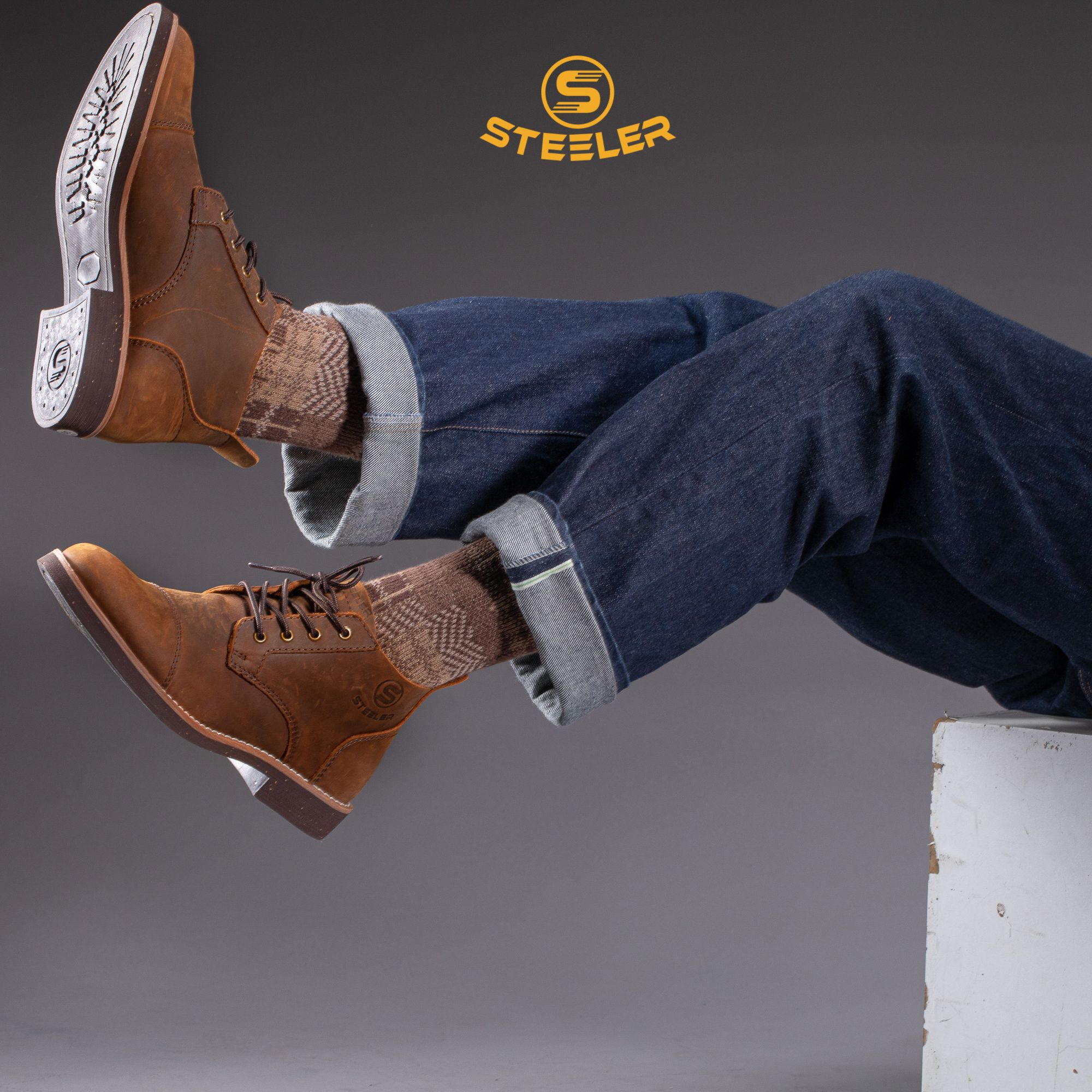 Giày boots cổ lửng nam chukka hunter da bò nâu sáp đế khâu mckay - work boots thương hiệu steeler