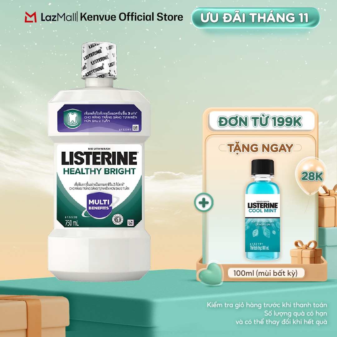 Nước súc miệng giúp răng trắng sáng tự nhiên Listerine Healthy Bright Mouthwash - Dung tích 750ml