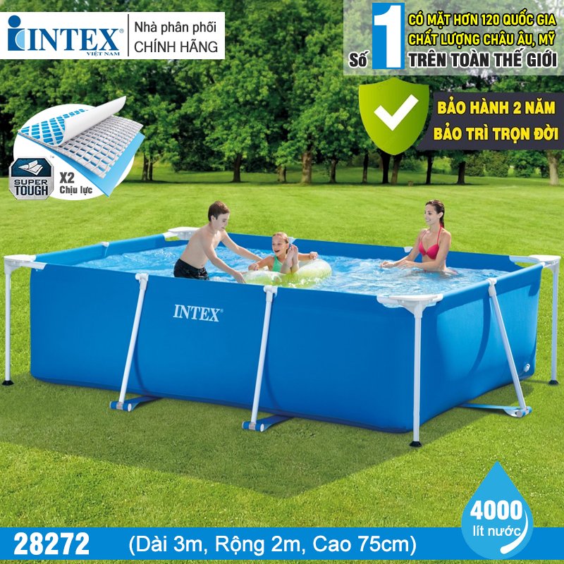 Bể bơi khung kim loại chữ nhật INTEX màu xanh 28272 cỡ lớn 300x200x75cm,hồ bơi lắp dựng cho bé