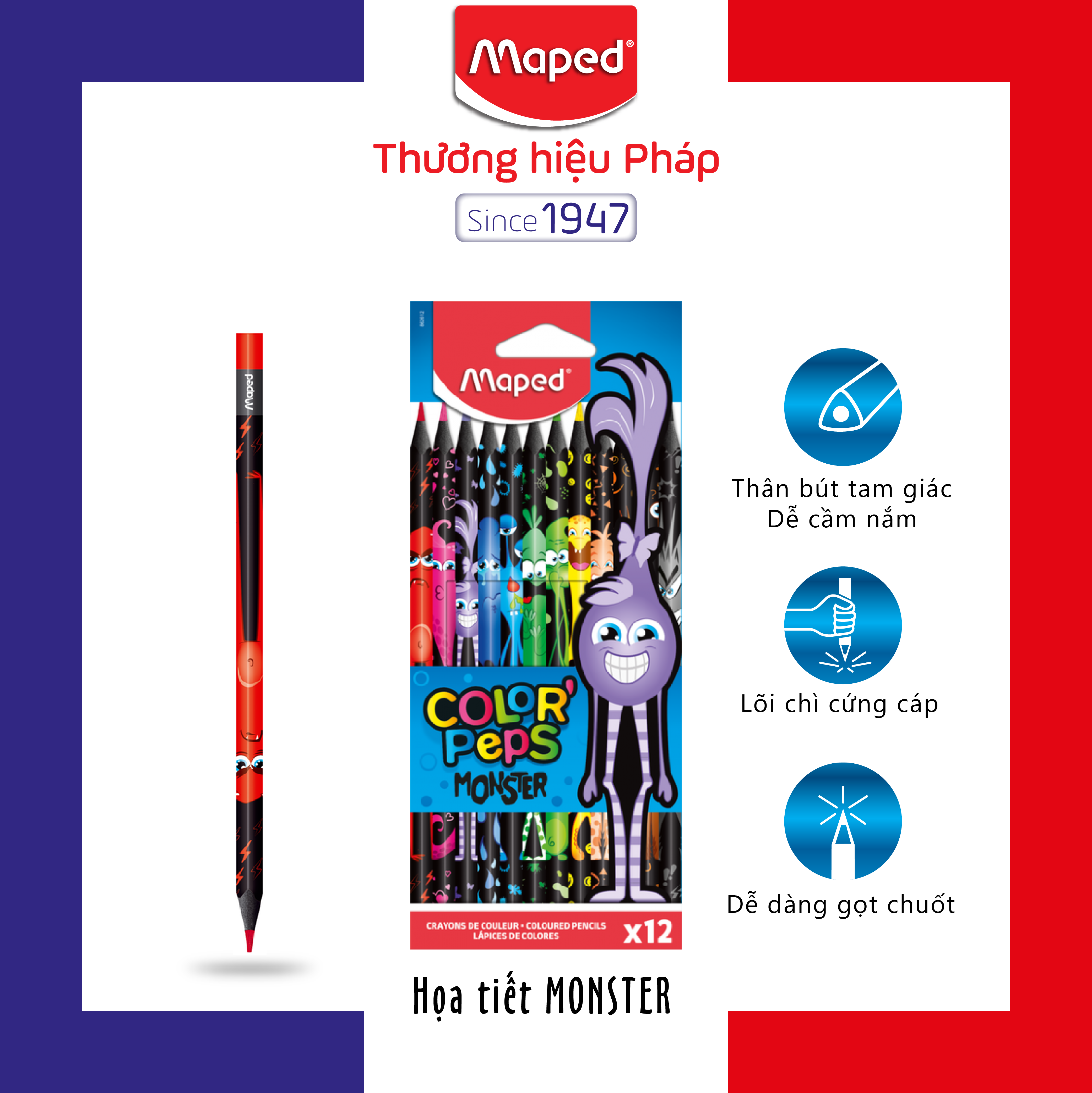 Maped - chì màu họa tiết monster 12/24 màu/hộp