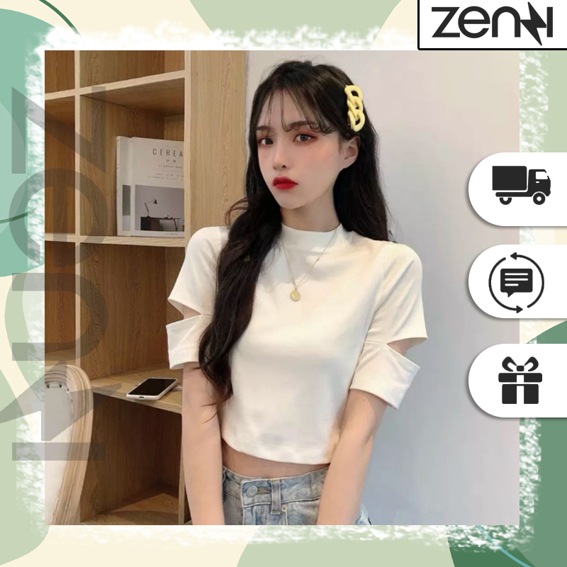 Áo Croptop Tiểu Thư Xẻ Tay Cổ Tròn Màu Trơn Co Giãn Phong Cách Hàn Quốc 2 Màu Tùy Chọn