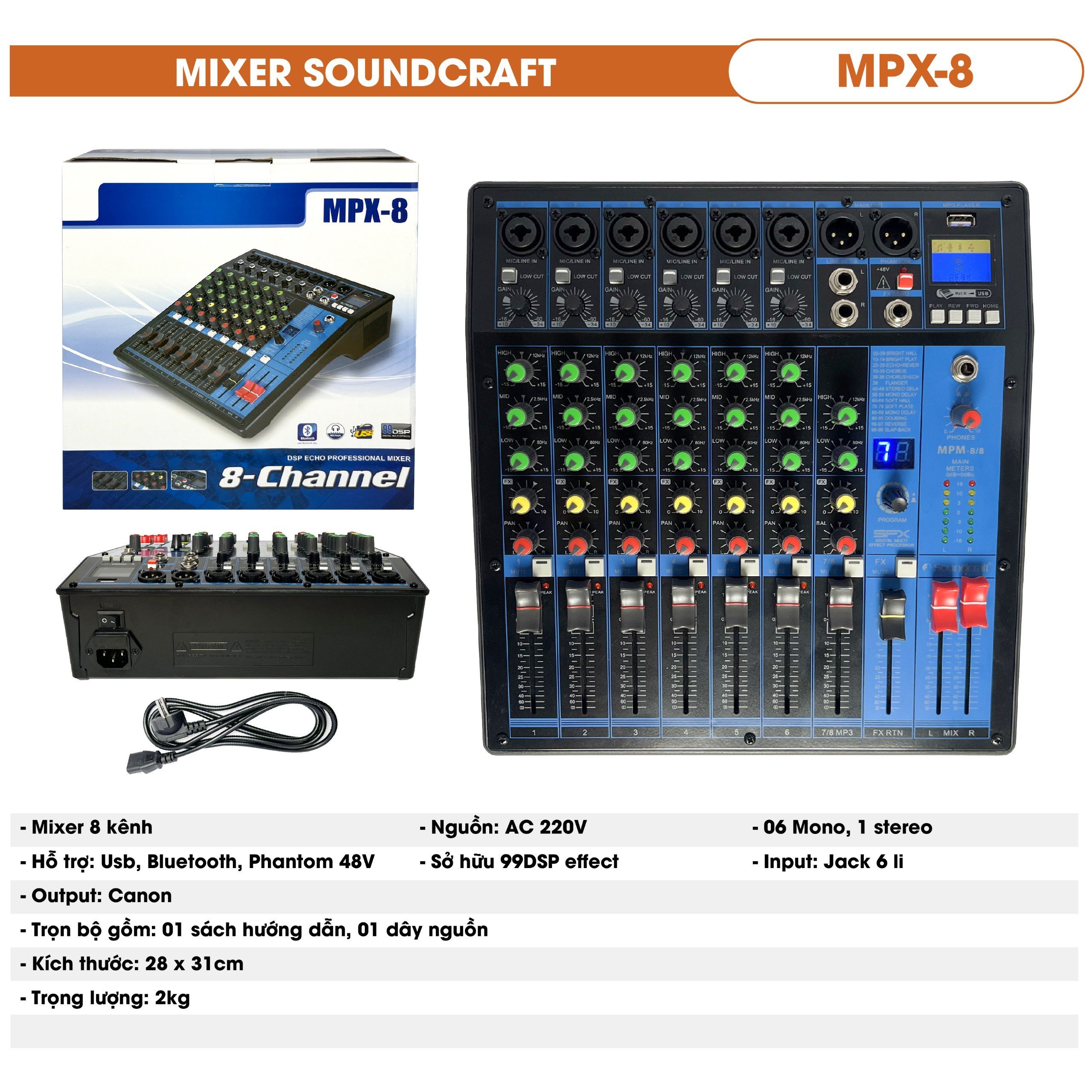 Bàn mixer karaoke mpm-8-8 có bluetooth, liền công xuất chuyên nghiệp tích hợp nhiều chức năng eq reverb delay echo 99 chế độ